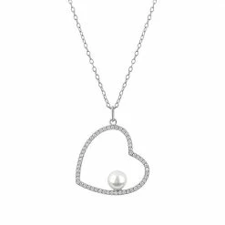 Hot Sale π― PRIMROSE Sterling Silver Cubic Zirconia & Simulated Pearl Open Heart Pendant Necklace π