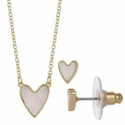 Discount 🎉 FAO Schwarz 👩 Mother-of-Pearl Heart Pendant & Stud Earring Set Gold Tone White 👍