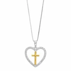 Brand new 𧨠Delicate Diamonds Two Tone Sterling Silver 1/10 Carat T.W. Diamond Open Heart Cross Pendant Necklace β