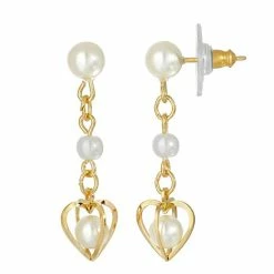 Brand new ⭐ 1928 Gold Tone Heart & Double Pearl Chain Drop Earrings ✔️