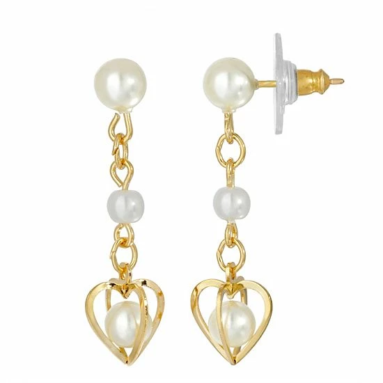 Brand new ⭐ 1928 Gold Tone Heart & Double Pearl Chain Drop Earrings ✔️ 3 Brand new ⭐ 1928 Gold Tone Heart & Double Pearl Chain Drop Earrings ✔️