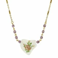 Hot Sale 🥰 1928 Gold-Tone Purple Beaded White Heart With Pink Floral Decal Necklace ✨