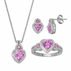Budget 👏 Lab-Created Pink Sapphire Sterling Silver Heart Necklace, Ring & Stud Earring Set ⌛
