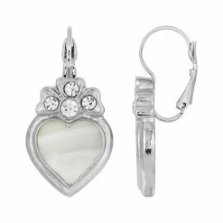 Discount 🤩 1928 Silver-Tone Crystal Genuine 👩 Mother Of Pearl Heart Earrings 😍